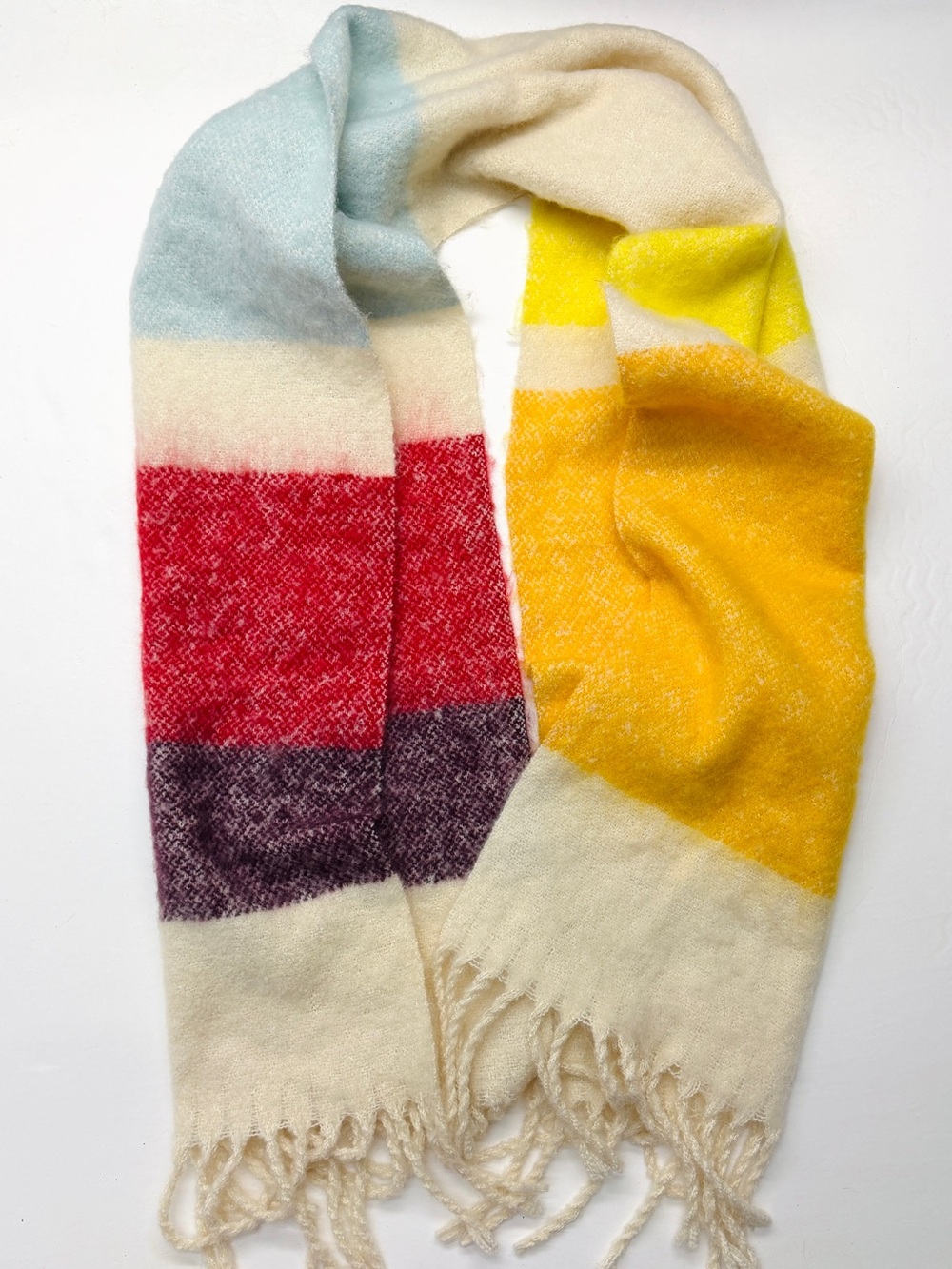 Free People Cozy Multicolor Stripe Women's Fringe Scarf Cream, Yellow, Red, Blue